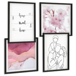BILDER SET 4er Set - 50x50 cm & 40x60 cm Schwarzer Rahmen - Blumenfamilie minimalistisch