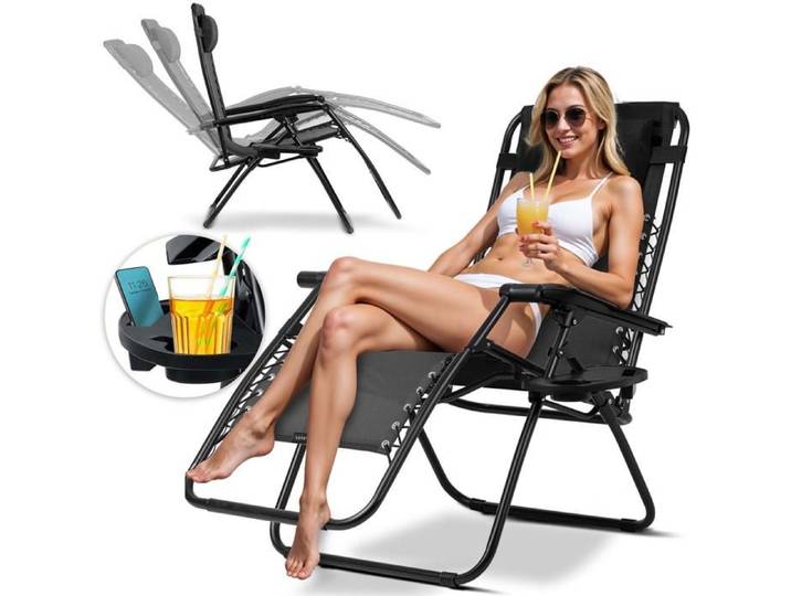 Chaise longue pliante - SOFOTEL - Dossier réglable - Porte-gobelet intégré - Poche pour téléphone