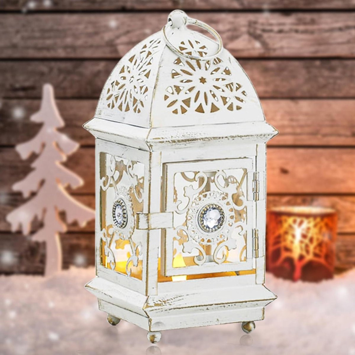 Kaarsenlantaarn Metaal Wit Goud - Vintage Decoratie voor Sfeervolle Verlichting - Hoogte: 20.5 cm