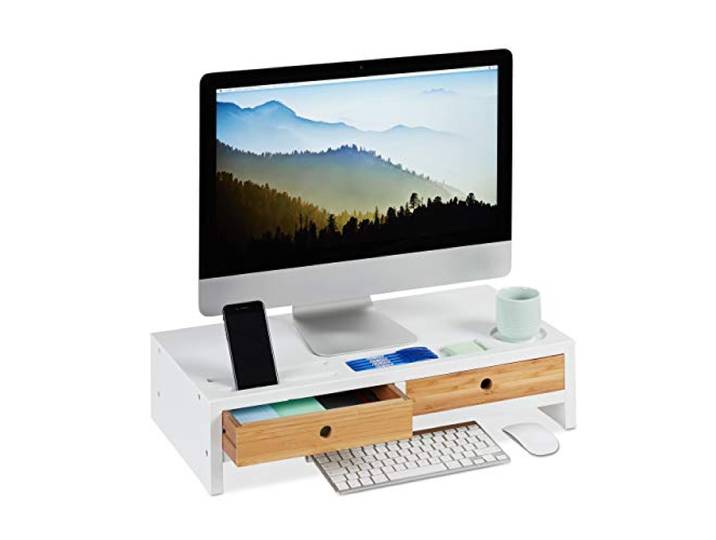Relaxdays Support Moniteur Bambou\, Rehausseur écran 2 tiroirs Compartiments\, Support HLP 14 x 60 x 30 cm\, Blanc/Nature