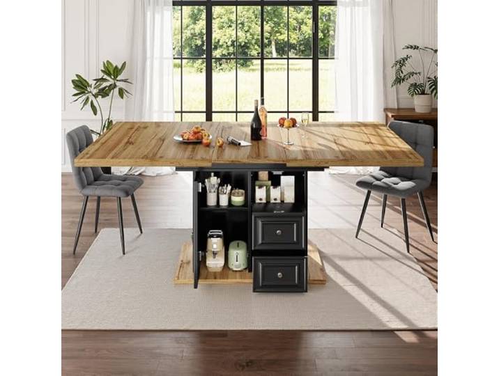 Merax Ausziehbarer Esstisch 110–140 cm aus Holz mit Stauraum, Küchentisch ausziehbar für 4–6 Personen, Esstisch MDF Holzmaserung mit Schubladen und Tür