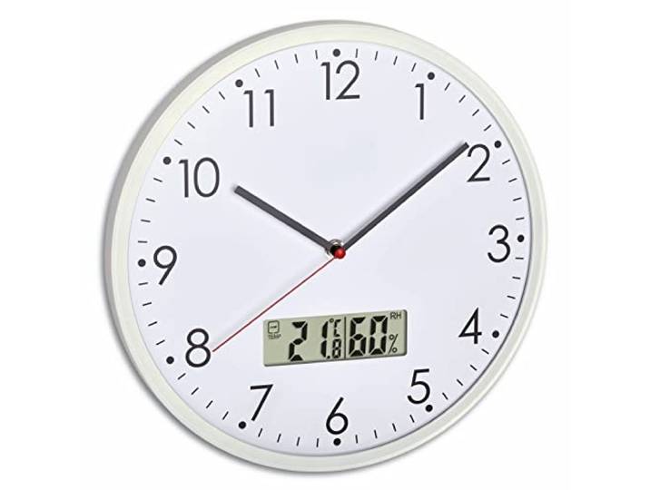 TFA Dostmann Horloge Murale analogique avec thermomètre et hygromètre numériques\, 60.3048.02\, pour Le contrôle du Climat intérieur\, Verre\, Blanc