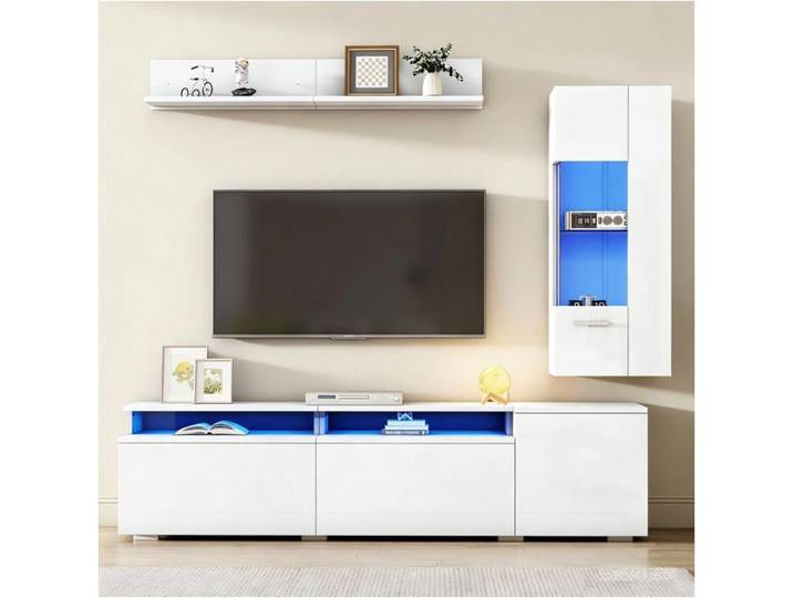 Meuble TV mural 3 pièces - LEMONBEST - 180x40x45/LED - Blanc brillant - Pour TV jusqu'à 80