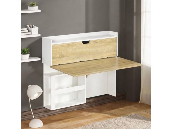 Bureau mural rabattable en panneau de particules 100x18x74 cm rangements intégrés