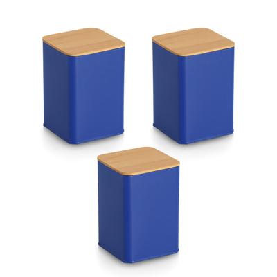 Vorratsdose ZELLER PRESENT "Dose mit Bambusdeckel, 3er-Set, 1100 ml, Metall", blau (bla), B:9,8cm H:14cm L:9,8cm, Metall, Lebensmittelaufbewahrungsbehälter, Vorratsdose, ca. 9,5x9,5x14 cm