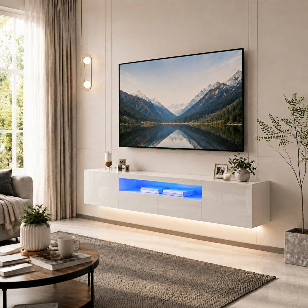 Metro Agnon High Gloss TV Stand with Led Lights, Wall-mounted TV Cabinet up to 75" White 75"