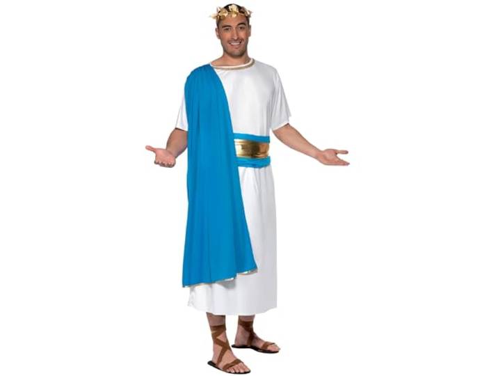 Roman Senator Costume, Blue & White, Robe, Belt & Headpiece, (L)