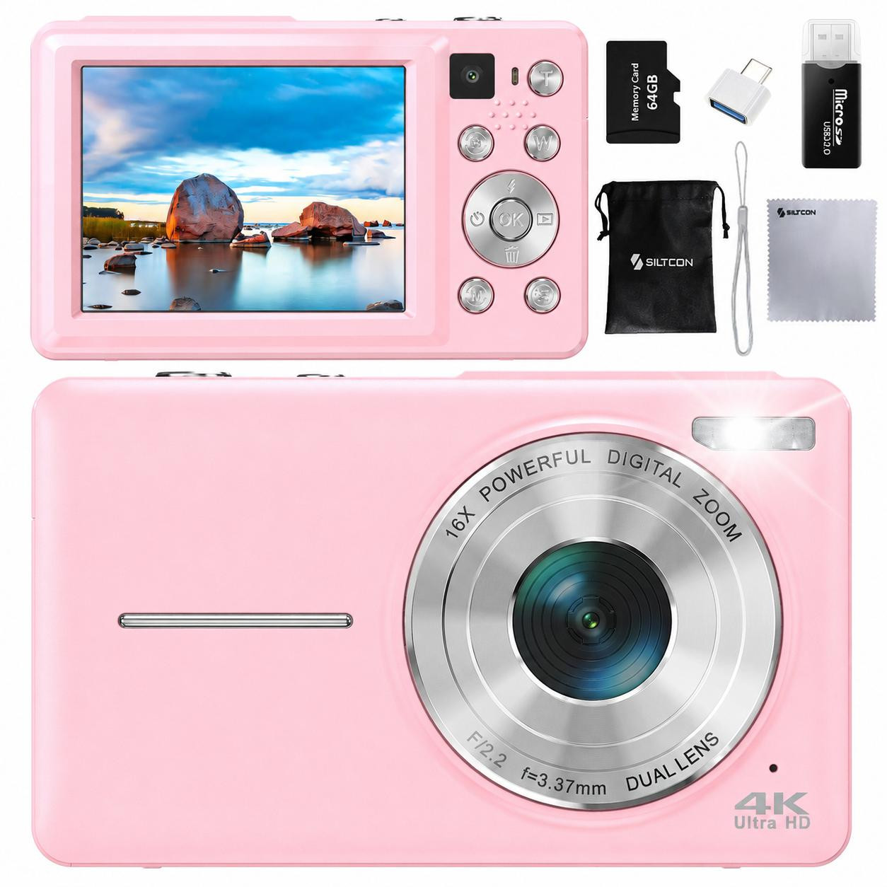 Siltcon Digitale Camera - 4K Ultra HD & 64MP - Compacte Vlog Camera met Dual Lens, 16x Zoom en 64GB SD-kaart