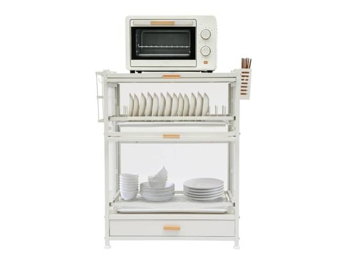 Geschirrschrank Küchenschrank 4 Ebenen Türen Schublade 70cm Abflussschalen, Besteckhalter, Haken, halbtransparent, weiße Optik, 52x28,5cm, kleine Küchen, Familien, Restaurants