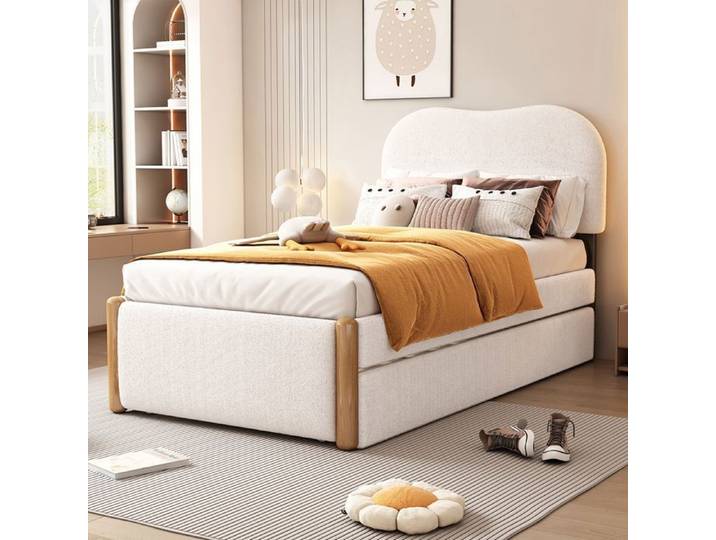Lit enfant Lit simple 90x200 cm Lit capitonn avec lit gigogne pratique tissu blanc