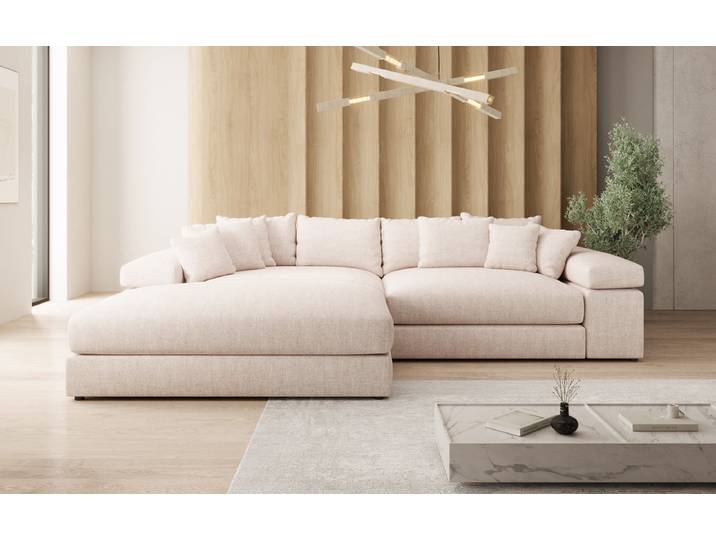 Designer Ecksofa Bernardo mit breiter Ottomane in Leinen-Optik - Vintage Blau - Leinen-Optik - Rechts - Luxusbetten24