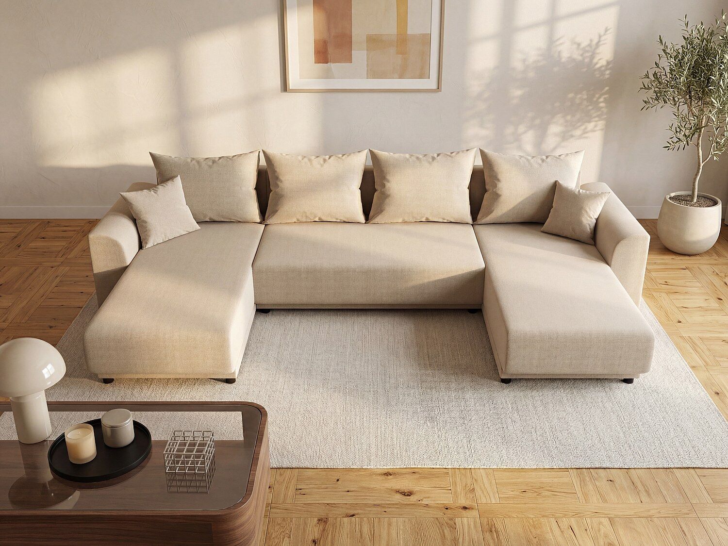 Unique Sofá rinconera panorámico de tela beige NESSARO
