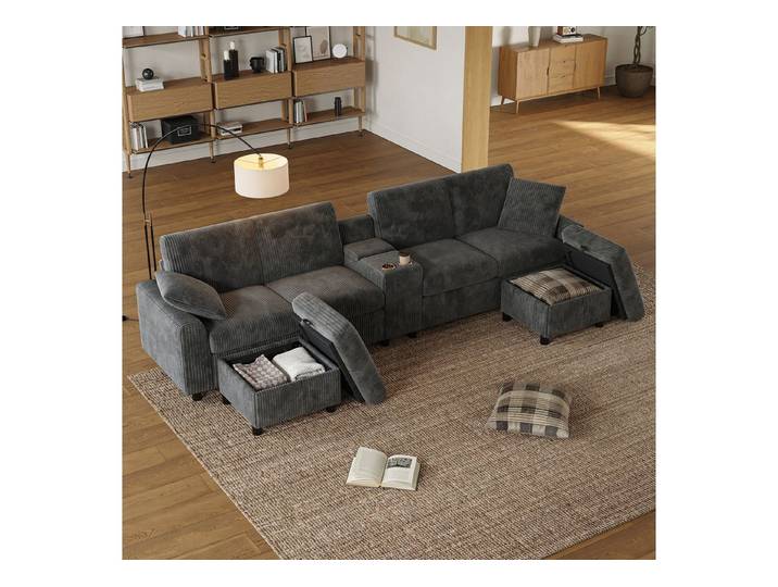 Odikalo Big-Sofa Wohnlandschaft U-Form mit Hockern & Couchtisch, Stauraum Lade-Funktion