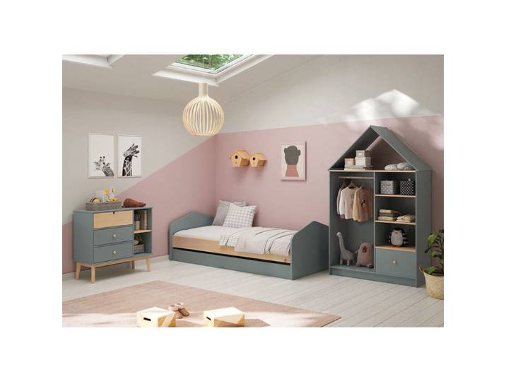 KAINA - Chambre 90x200cm avec Commode 3T et Dressing Cabane Coloris Gris et Naturel
