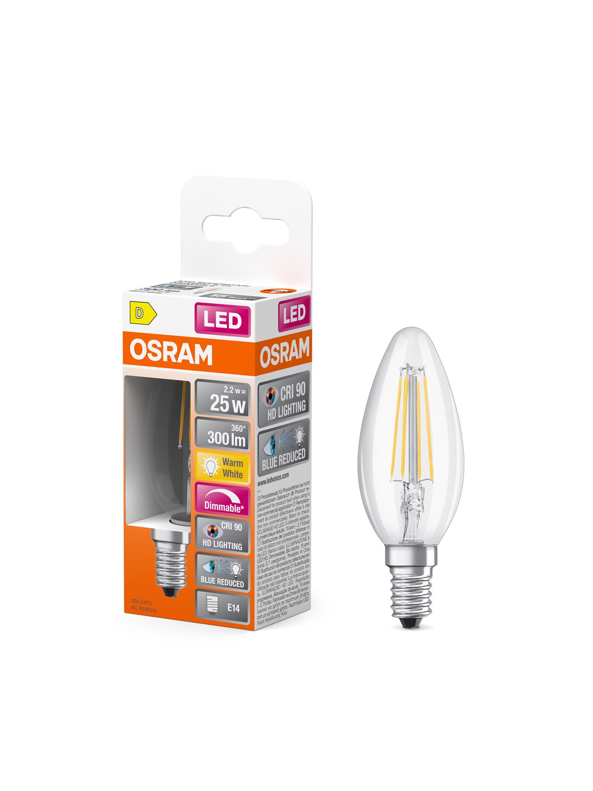 Osram LED-Lampe LED Comfort candle filament 300lm 2.2W/927 (25W) dimmable E14
