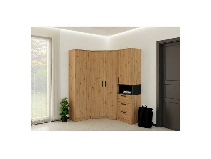 Marmex Möbel Schrank-Set GRANT SET 45A Eckkleiderschrank Drehtürenschrank Regal, (3-St), Scharniere-Soft-Close, Schubladen, ausziehbare Kleiderstange