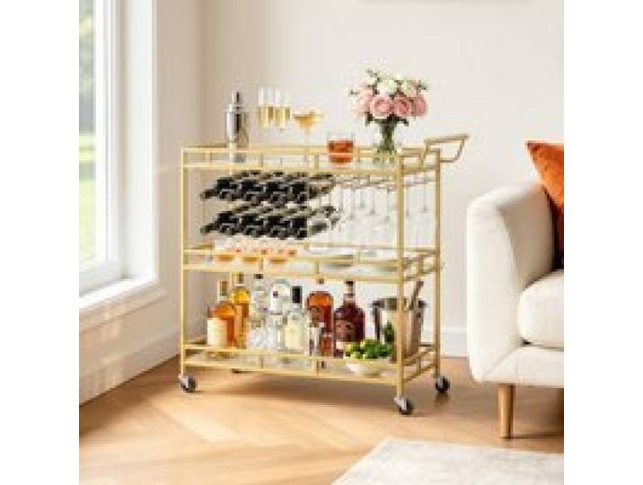 VEVOR Barwagen mit 3 Ebenen, Servierwagen mit Glashalter, Weinablage & Griff, Getränkewagen als Rollwagen für Wohnzimmer, Esszimmer und Küche, Küchenwagen in Goldfarben 880 x 380 x 890 mm