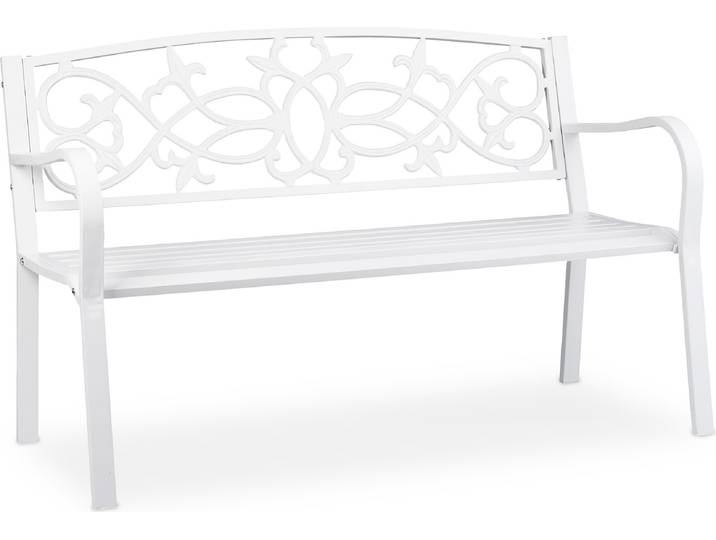 Relaxdays Gartenbank, nostalgisch, 2 Sitzer, wetterfest, Gusseisen & Stahl, Premium Sitzbank, HBT: 78x124,5x58 cm, weiß