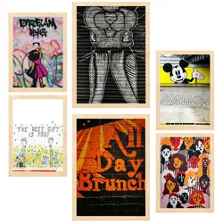 POSTER Set Mit 6 Graffiti Straßenkunst A3 & A4 Rahmen Aus Hellem Holz
