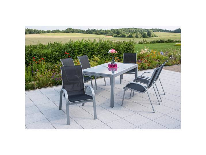 Gardenson Gartentischgruppe Amalfi, Schwarz, Silberfarben, Metall, Glas, Uni, rechteckig, U-Form, Gartenmöbel, Gartengarnituren, Gartenmöbel-Sets