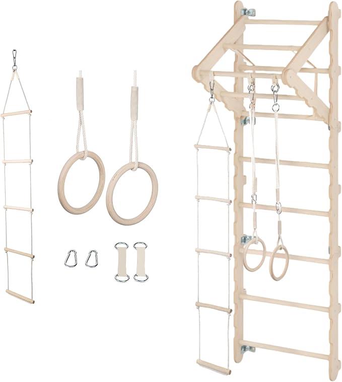 Sprossenwand 210 cm für Erwachsene, Holz Kletterwand mit Klimmzugstange, Turnringen und Kletterseil, Trainingsgerät für Zuhause und Fitnessraum