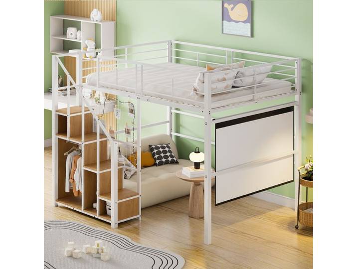 Lit mezzanine - Enfant - 140x200cm - Blanc - Échelle de sécurité - Rangements intégrés