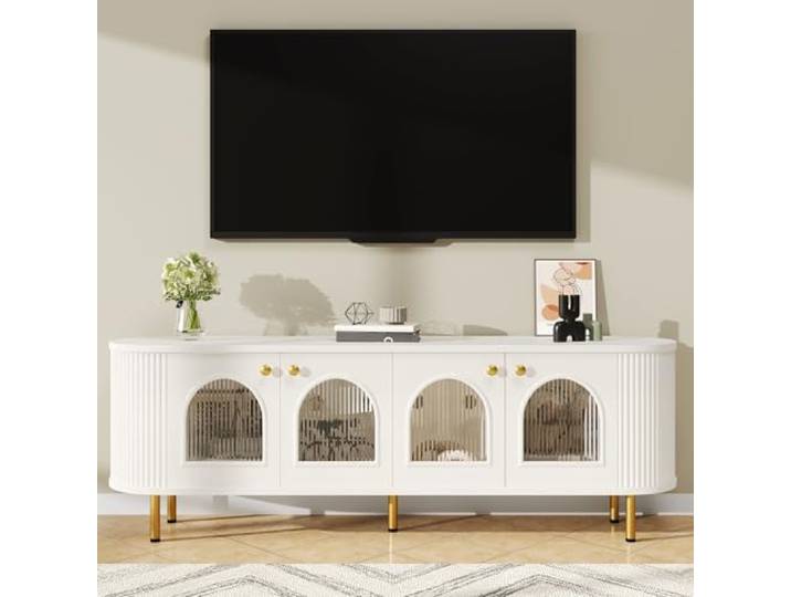 QLTXYHML TV-Möbel aus Glas und Eisen, 4 Glastüren, goldfarbene Griffe, rund