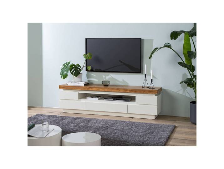 TV-Lowboard II Deckplatte: MDF Mitteldichte Holzfaserplatte , foliert Front & Korpus: MDF Mitteldichte Holzfaserplatte , lackiert Weiß/Eiche