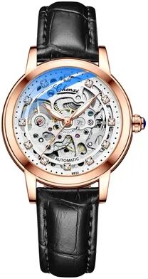 Youfap Market Luxury Women Automatic Mechanical Watch, Waterproof Stainless Steel, Ladies Skeleton Wrist Watch black Rosegold