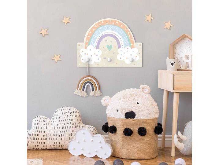 Patère enfants Arc-en-ciel avec nuages 40 x 30 x 1cm Multicolore/Multicolore