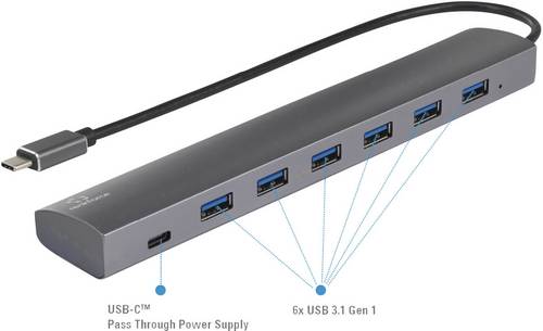 Renkforce RF-3374946 USB-Hub 6+1 Port USB-A USB 3.2 Gen1 5 GBit/s mit Pass-Through Stromanschluss, mit Aluminiumgehäuse Silber