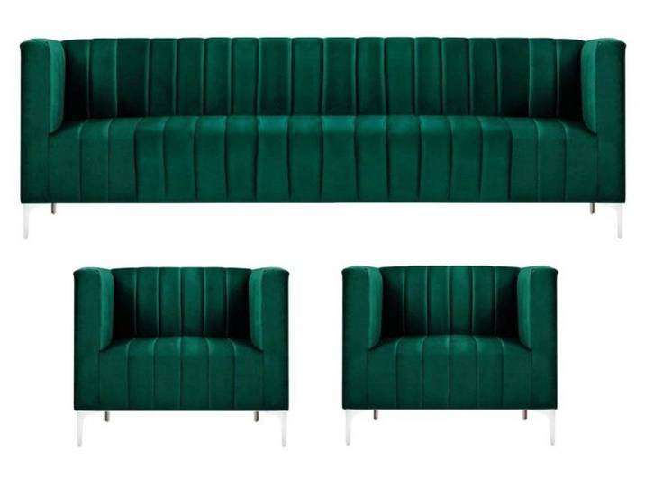 JVmoebel Sofa Grüne Samt-Sofagarnitur mit weißen Metallfüßen und Wellenunterfederung, Made in Europa