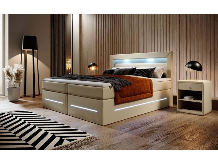 Boxspringbett Sevilla mit LED und Stauraum - 140x200 - Grau - H4 (100kg+) - Luxusbetten24