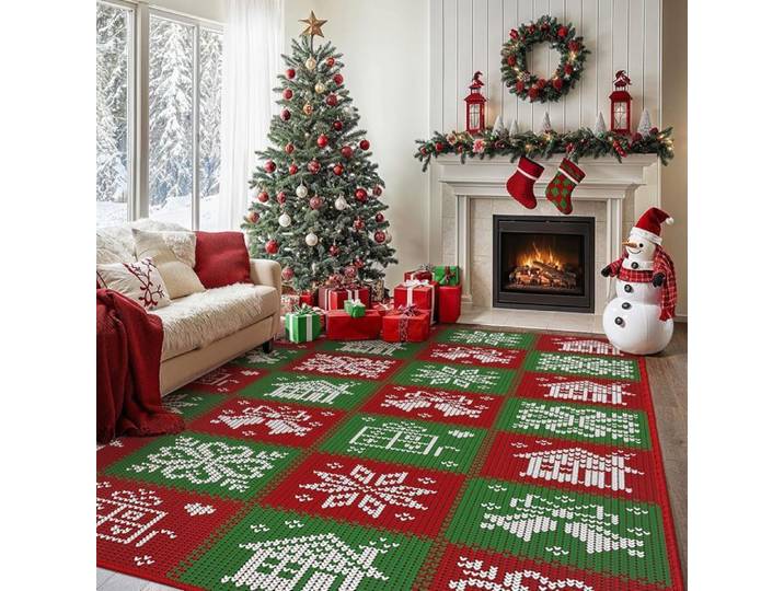 Tapis de Noël antidérapant pour salon 160x230cm tapis de sol de Noël décoration d'intérieur tapis bohème motif patchwork Multicolore