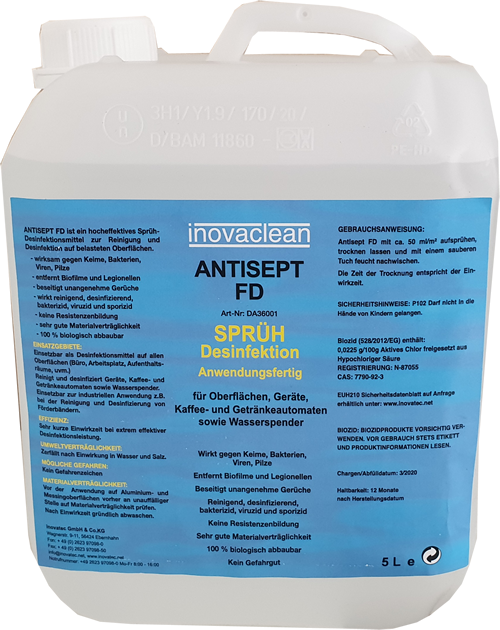 Toms Car HiFi Desinfektionsmittel inovaclean 5 Liter Kanister VIRUZID, gegen Viren, Bakterien, Keime und Pilze.