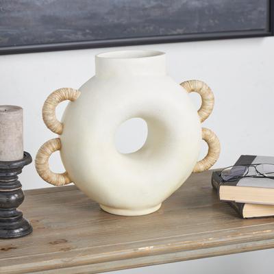 ARCILLA ELEMENTAL Cream Resin Round Speckled Vase with Woven Inspired Arched Handles and Cutout Opening