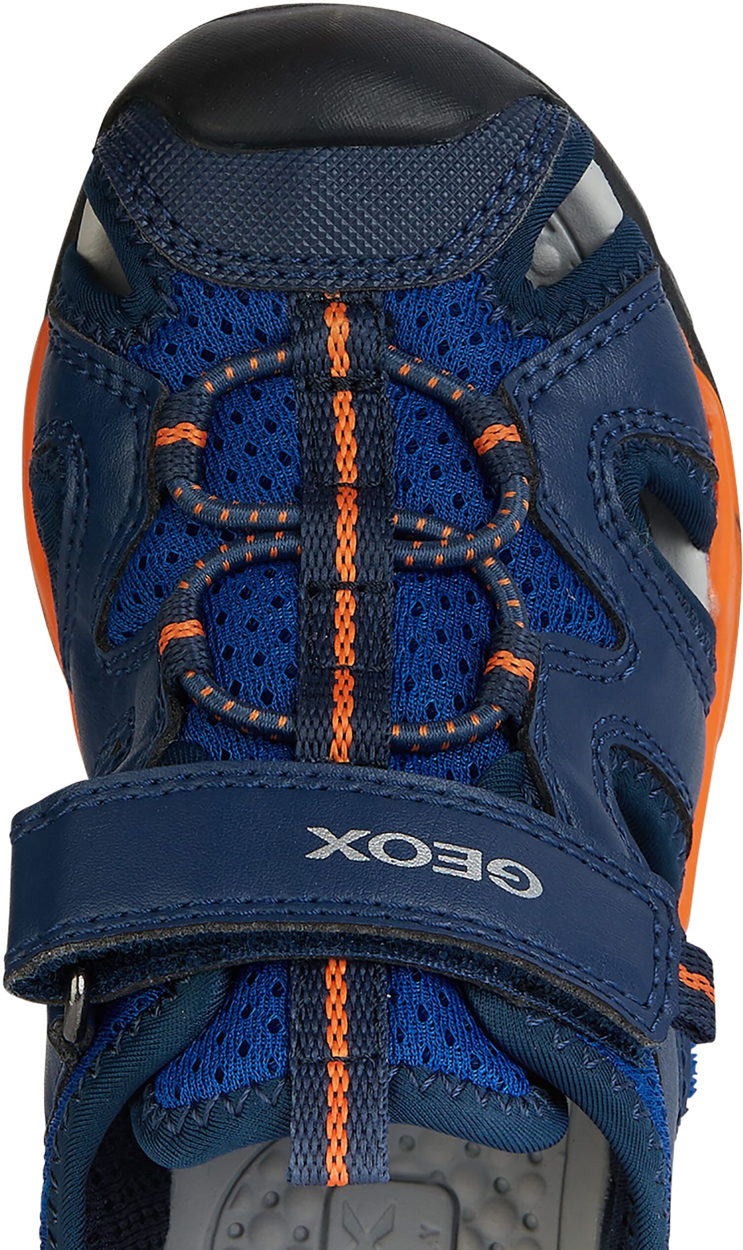 Sandale GEOX "J BOREALIS BOY", Mädchen, Gr. 30, Textil, blau (blau, orange), Lederimitat, Textil, Mesh, Basic, Schuhe Sandale, Kinderschuh mit Zehenschutz, Grössenschablone zum Download blau, orange 30, Textil