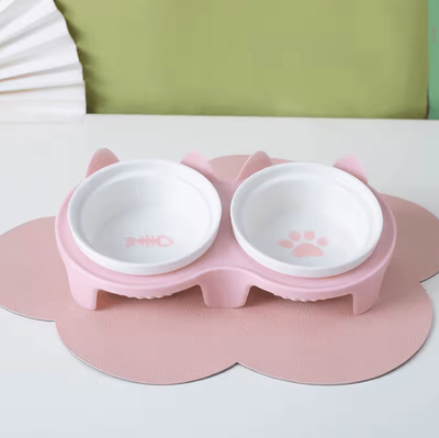 Inspire Curations TiltEase Ceramic Pet Feeding Bowl Set Elevated Double Bowl For Cats & Small Pets pink