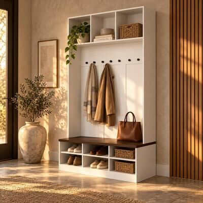Timechee "Large Entryway Hall Tree with Storage Bench, Freestanding Mudroom Coat Rack Organizer, 47.2"" Wide, White"