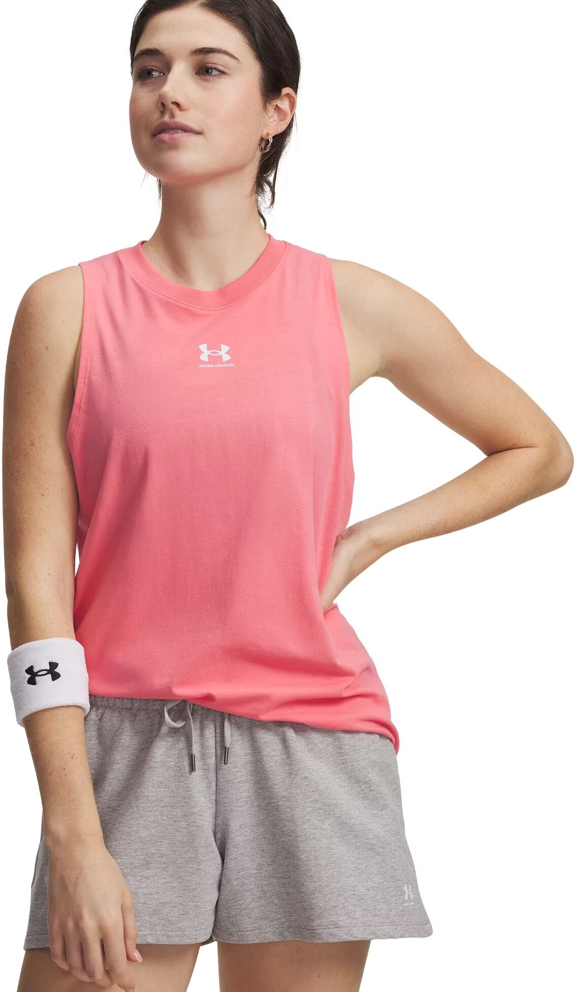 Trainingstop UNDER ARMOUR "UA RIVAL MUSCLE TANK", Damen, Gr. L, pink (bittersweet pink,, weiß), Obermaterial: 57% Baumwolle, 38% Polyester, 5% Elasthan, Rundhals, gerader Abschluss, Tops Trainingstop, ärmelloses Design, mit Logodruck bittersweet pink,, we