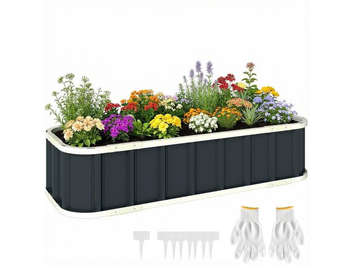 ComfortXL Hochbeet De-05413 Mit Klickverschlüssen, gefaltete Kante Dunkelgrau, Metall, 136x31x52 cm, Gartenzubehör, Hochbeete