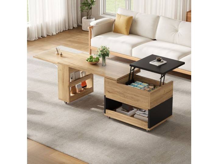 Table basse extensible IVMEU avec plateau relevable rangement caché niches ouvertes et roulettes bois/noir