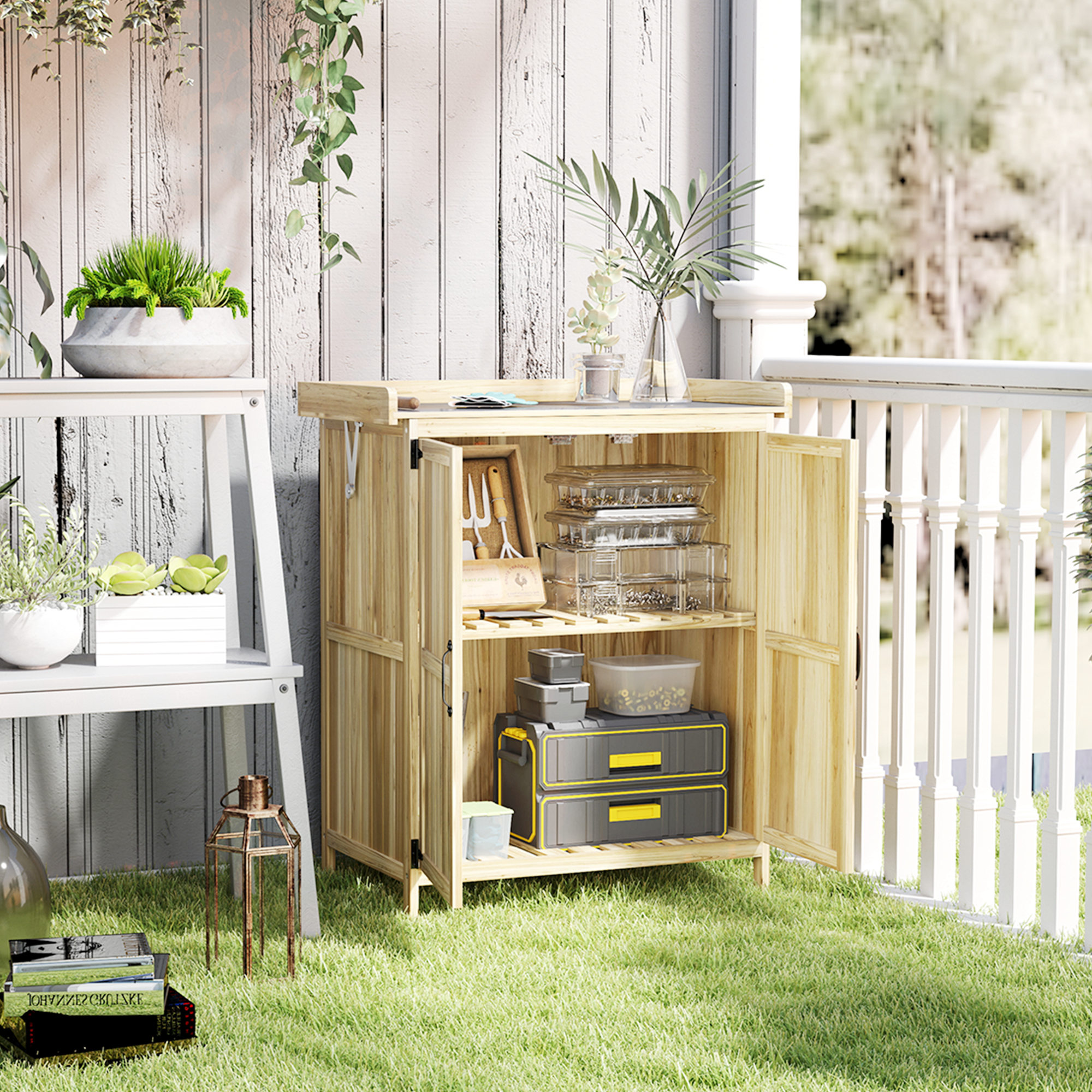 Outsunny Armadietto da Esterno, Capanno Porta Attrezzi con Mensola, in Legno con 2 Ante per Giardino, Patio, Color Legno   Aosom Italy