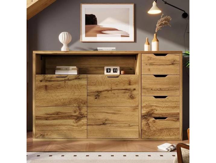 Commode / Sideboard - KOMHTOM - 150x40x90 cm - 4 tiroirs 2 portes - Chêne - Étagères réglables softclose