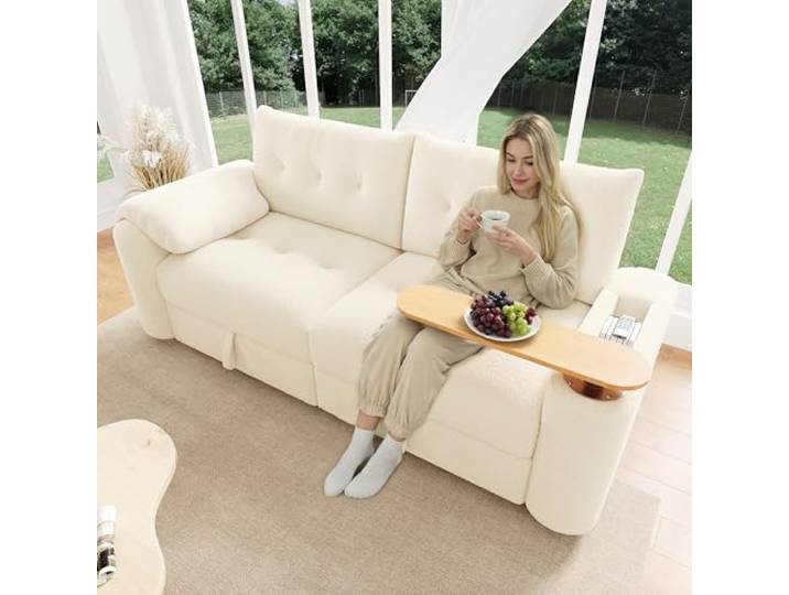 BTM Teddyplüsch 3-Sitzer Sofa Klein Chaiselongu mit Stauraum, Kopfstütze, Beistelltisch Schlafcouch für Wohnzimmer Beige