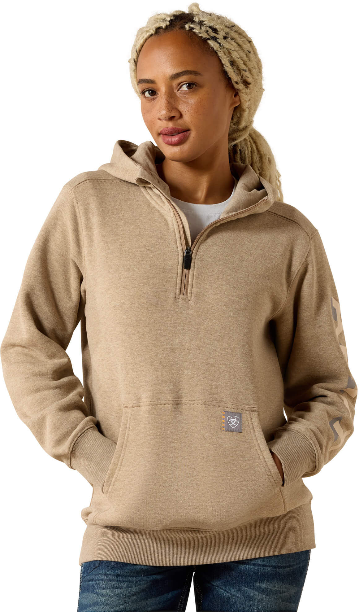 Women's Rebar Lightweight Logo 1/2 Zip Hoodie in Oatmeal Heather Whisper Pink, Size: Large by Ariat