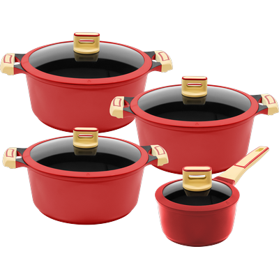 Kochtopf KING "GOURMET", rot, Töpfe, Topfset, Induktion, matte Oberfläche, Set + 3 Töpfen, 1 Stieltopf, 4 Glasdeckel