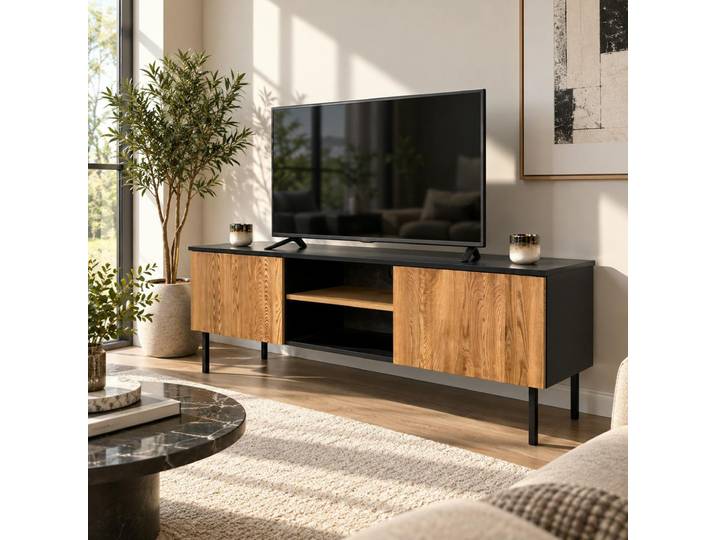 Meuble TV en bois bicolore avec façade ondulée TARAN