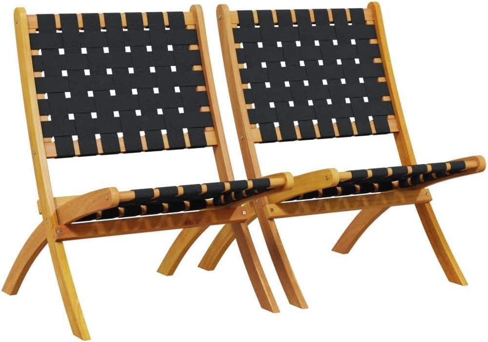 2 klappbare Gartenstühle aus massivem Akazienholz mit schwarzem Olefin-Stoff, stabil für Terrasse, Balkon oder Garten und mit komfortablem Gurtdesign