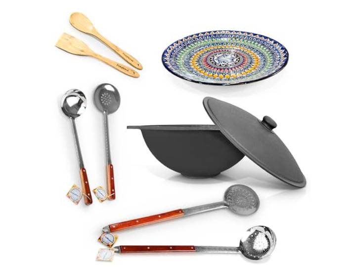 ZARENHOFF Set - Kasan Usbekisch Gusseisen 22 L flacher Boden, Deckel, 2 Schaumlöffel 64 cm, Schöpfkelle 48cm, Schaumlöffel 48 cm Holzspachtel, Holzlöffel, Lagan Ø 42 cm Camping Kasan (Set - 639)